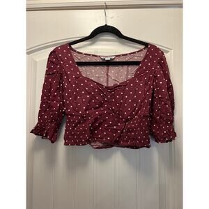 American Eagle Women’s Polka-Dot Print Ruffle Sleeve Blouse Cropped Top Sz S Red